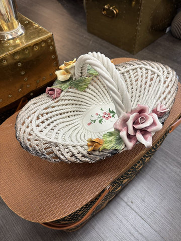 Vintage Capodimonte Italy Porcelain Basket with Pink & Yellow Roses handcrafted