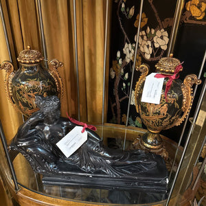 Pair of Chinoiserie black lidded urns