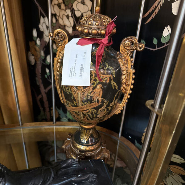 Pair of Chinoiserie black lidded urns