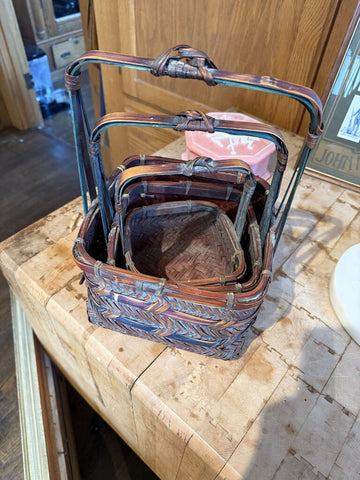 Set (3) of brown and green baskets w/ handles, 9", 6", 4"