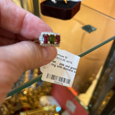 !4K , pink and green tourmaline ring with diamond accents