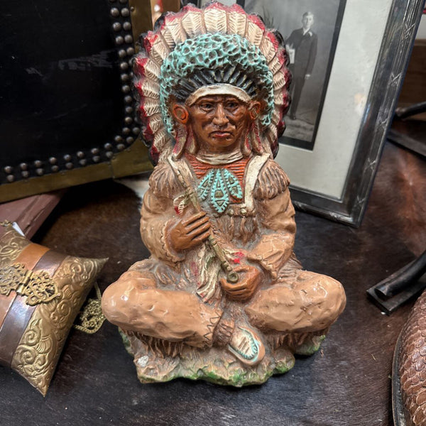 1972 Universal Statuary Corp 9" Vintage Sitting Indian Chief With Peace Pipe