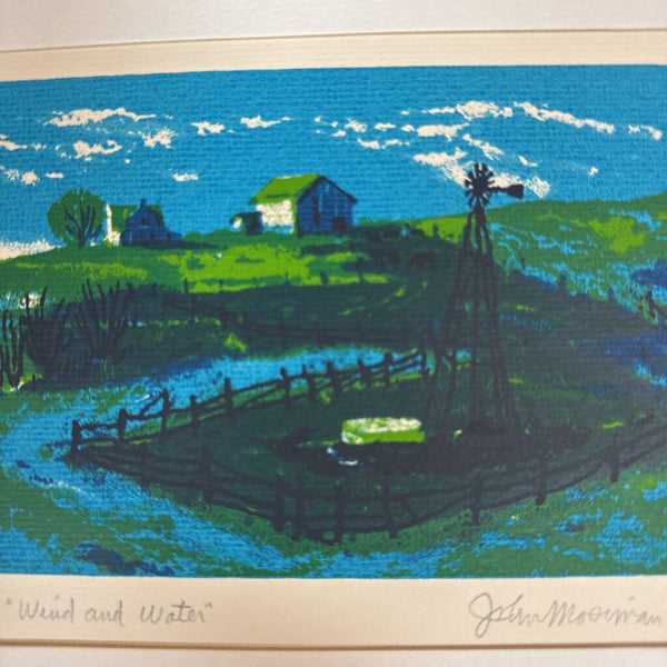 Green and Blue Serigraph on Paper "Wind and Water" Pencil Signed 12"x9" mat size 6"x4" image size W1757