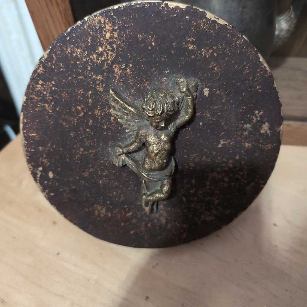 Pretty Round Gold/Bronze Box w/Cherub and Lid. 9 inches
