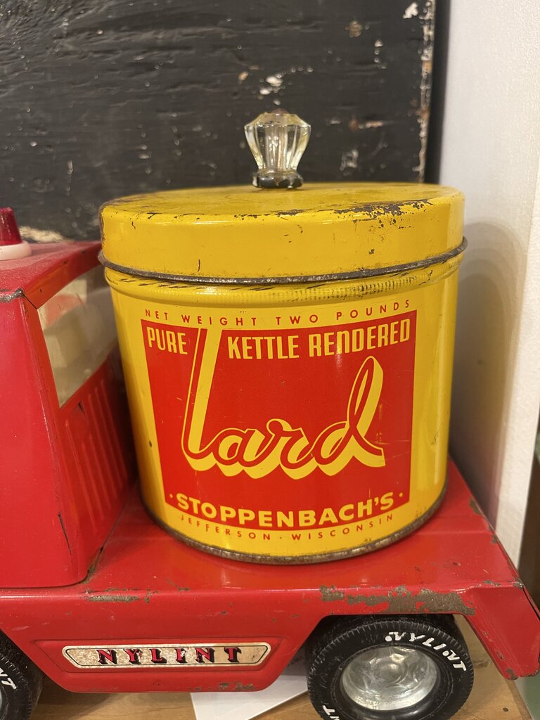 Jens Fresh Vintage ~ Vintage lard tin with glass knob .