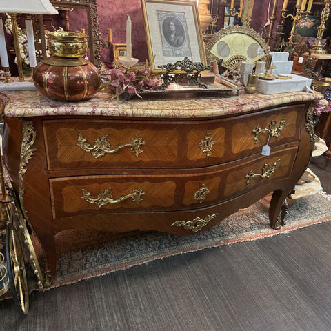 Late 19th/ early 20th century Louis XV Style Gilt Bronze Mounted Kingwood & Tulipwood Marble-Top Commode
