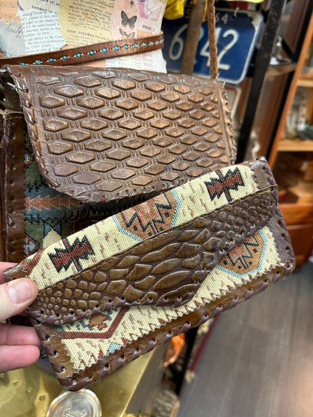 Southwestern leather and embroidered purse and wallet set