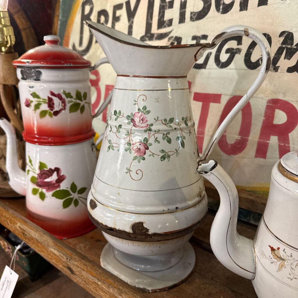 enamelware pitcher pretty white floral