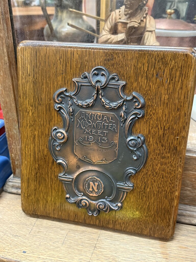 Antique Northwestern University Bronze on wood plaque, "ANNUAL MID-WINTER MEET 1913"