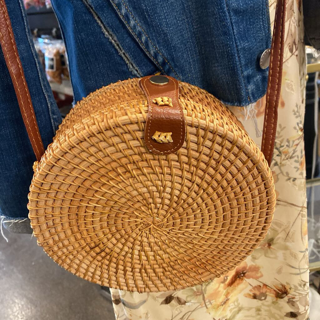 Hand Woven Rattan Crossbody Purse 8" dia x 3.5"d