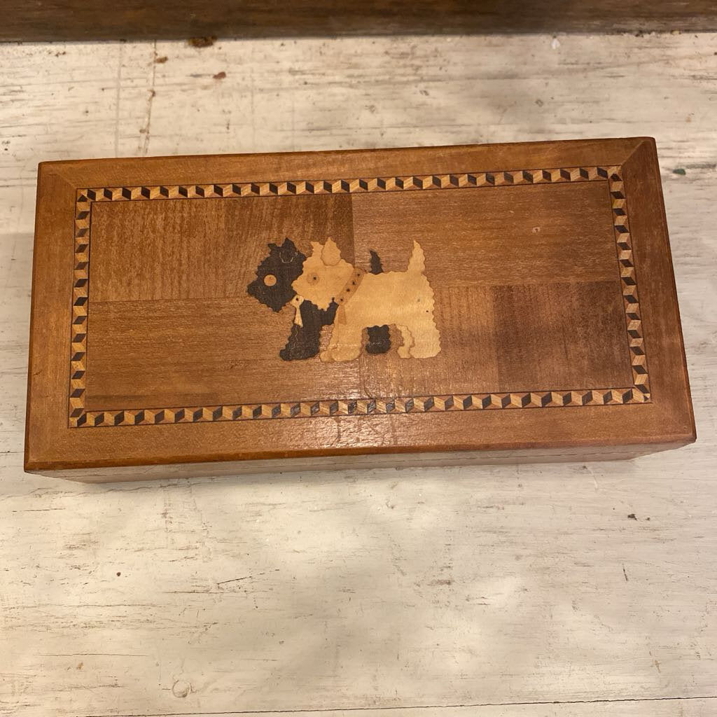 Vintage Inlaid Scottie Dog Trinket Box 7"w x 3.75"d x 2"h