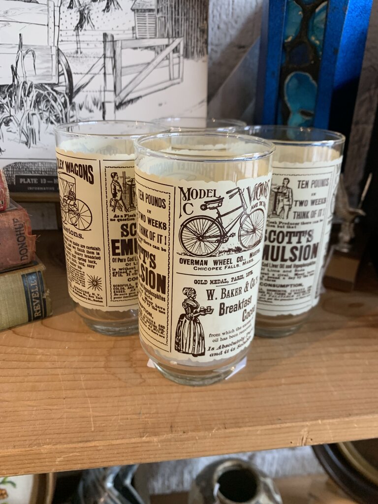 Set of 4 Vintage Newspaper Advertisement Beverage Glasses