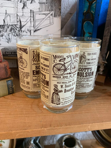 Set of 4 Vintage Newspaper Advertisement Beverage Glasses