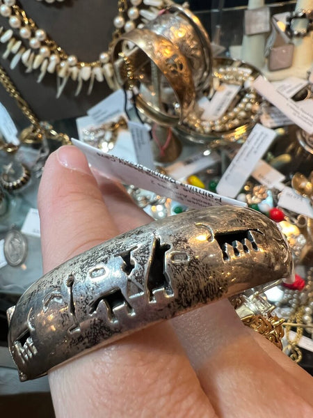 Vintage Sterling Heavy Cave Painting Bangle Bracelet