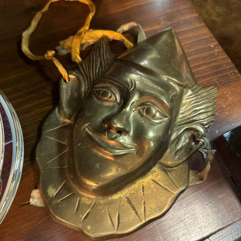 Brass clown mask wall hanging pointy hat