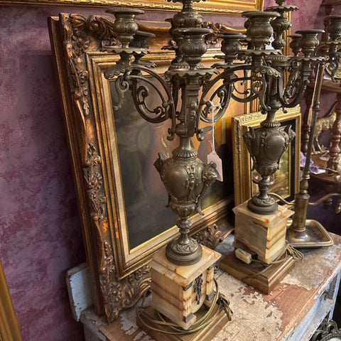 Antique onyx and bronze figural candelabra lamps pair (one needs to be tightened to straighten)