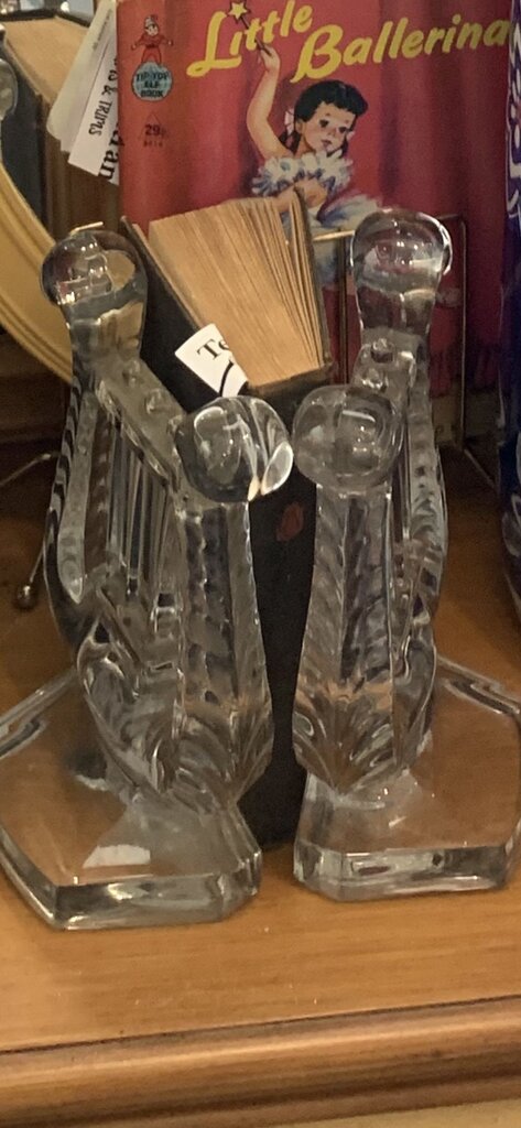 Vintage glass harp shaped bookends