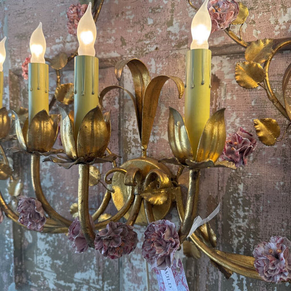 Vintage French Gilded Wall Sconce w Porcelain Carnations