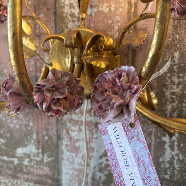 Vintage French Gilded Wall Sconce w Porcelain Carnations