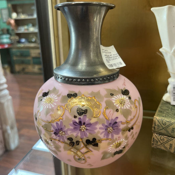 ANTIQUE MT. WASHINGTON VICTORIAN ENAMELED PINK SATIN GLASS CARAFE W SILVER PLATE TOP