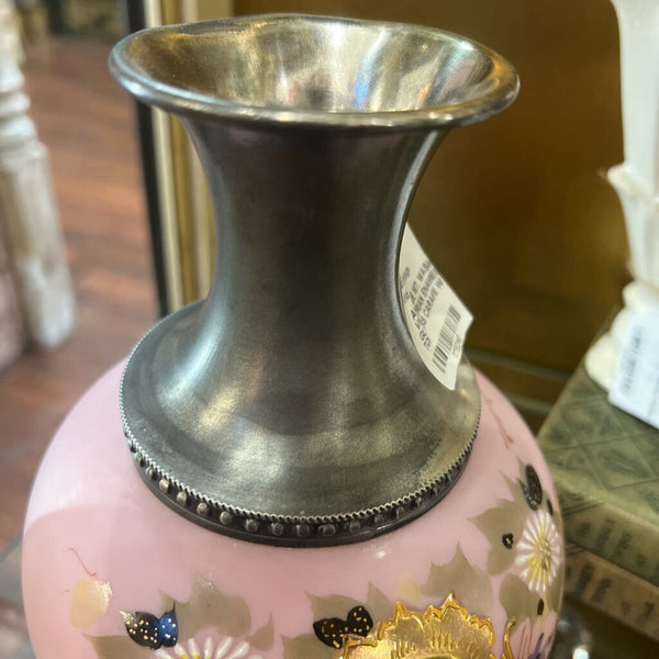 ANTIQUE MT. WASHINGTON VICTORIAN ENAMELED PINK SATIN GLASS CARAFE W SILVER PLATE TOP