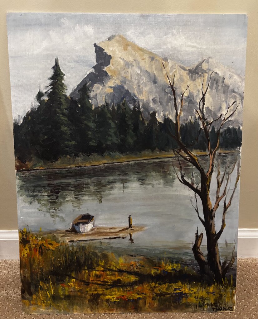 Vintage Landscape Painting on Board of Rowboat and Mountain 20H x 15W