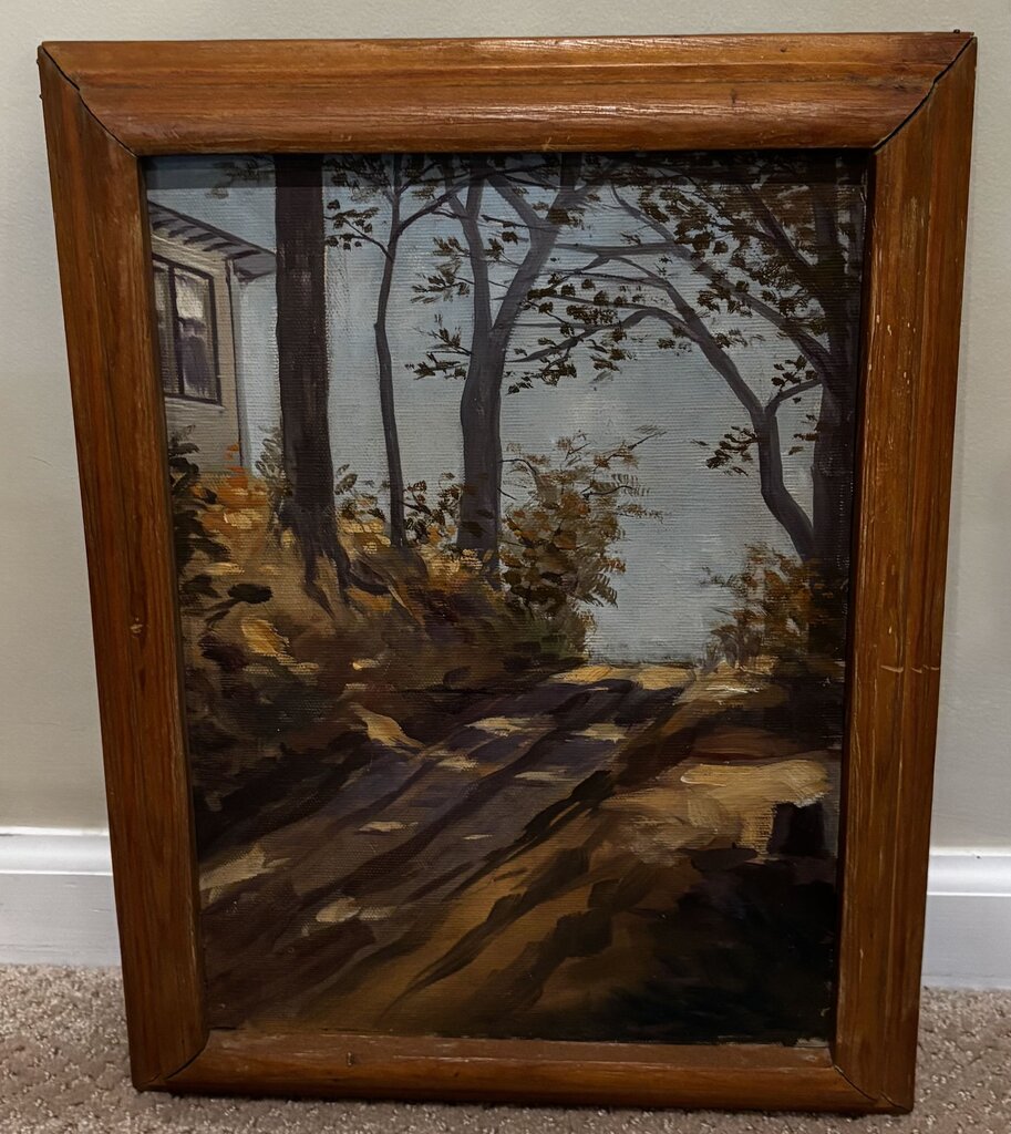 Vintage Framed Painting of a Sunlit Path 16.75H x 12.5W