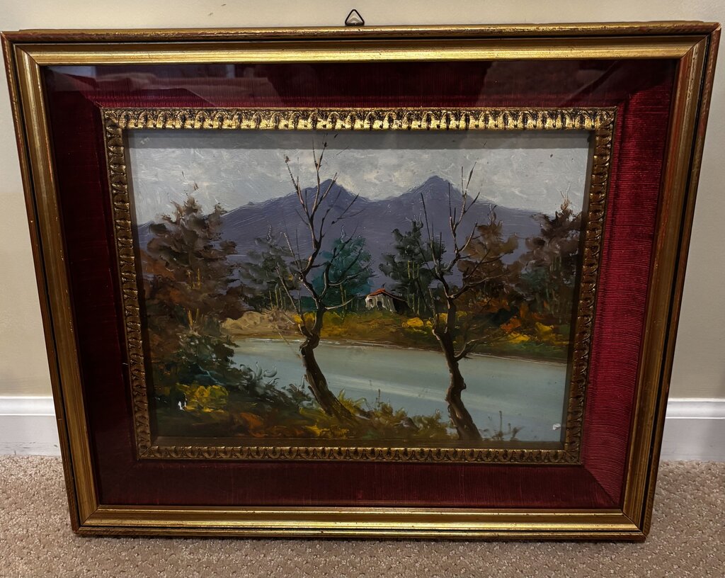 Antique Framed Landscape Painting w/Velvet Border (as found) 20.25W x 17.25H