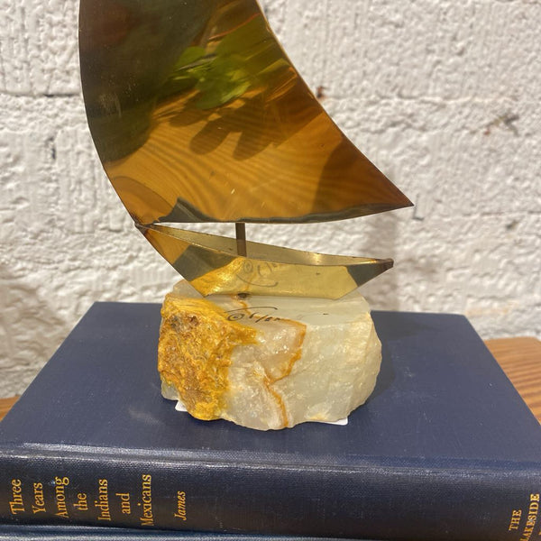 Vintage Signed Brass Sailboat on Onyx Base 9"h x 4"w
