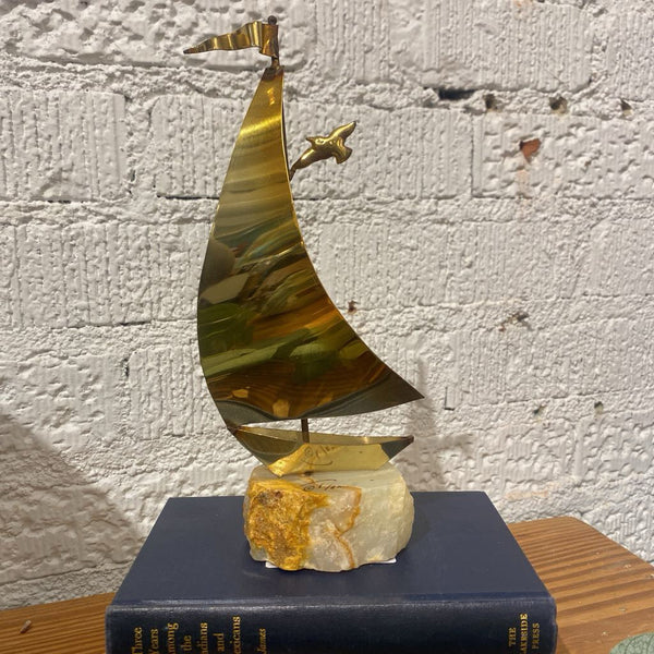 Vintage Signed Brass Sailboat on Onyx Base 9"h x 4"w