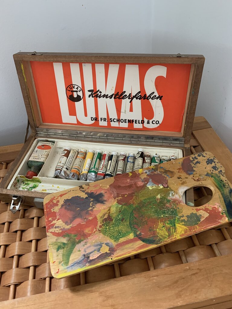 Vintage Lukas oil paint box with palette