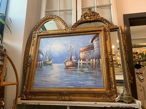 Ornate gold framed oil of schooner"Harbor Scene " 31 x 29