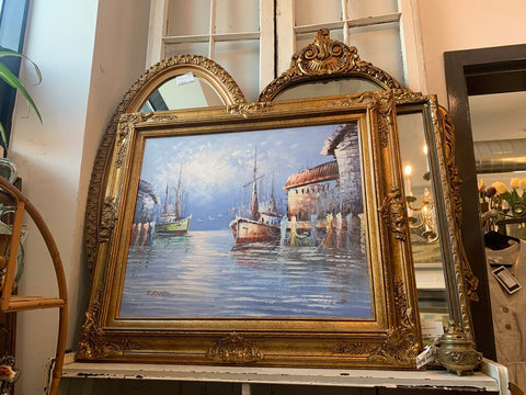 Ornate gold framed oil of schooner"Harbor Scene " 31 x 29