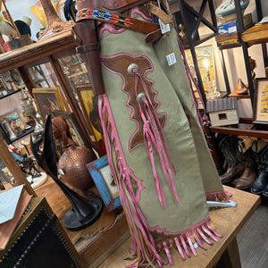 Western leather chaps with pink fringe