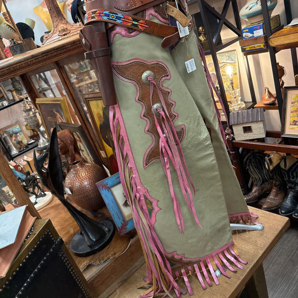 Western leather chaps with pink fringe