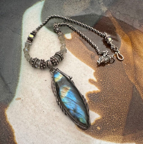 Labradorite & Sterling Pendant on a 15 1/2" Sterling Beaded Chain my design