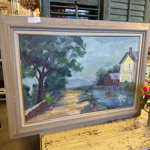 River Painting w Yellow House. 26x36
