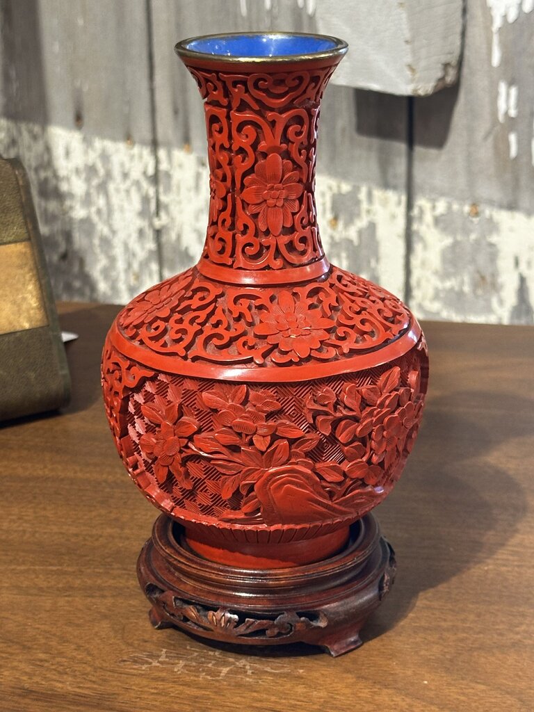 6 1/2" CHINESE CINNABAR VASE WITH BASE, BLUE ENAMEL INTERIOR