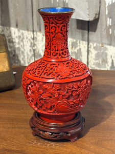 6 1/2" CHINESE CINNABAR VASE WITH BASE, BLUE ENAMEL INTERIOR