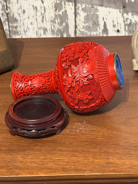 6 1/2" CHINESE CINNABAR VASE WITH BASE, BLUE ENAMEL INTERIOR