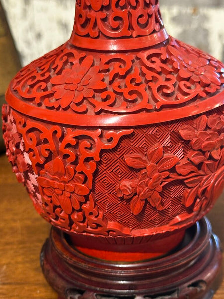 6 1/2" CHINESE CINNABAR VASE WITH BASE, BLUE ENAMEL INTERIOR