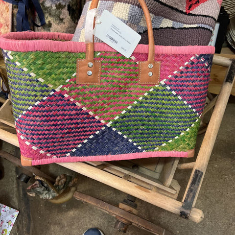 French plaid woven market basket