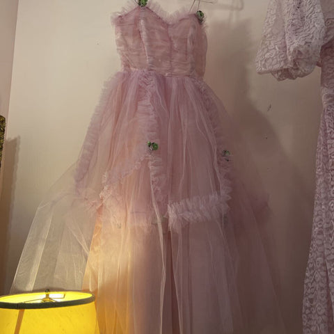 1950s pink tulle prom dress, as found