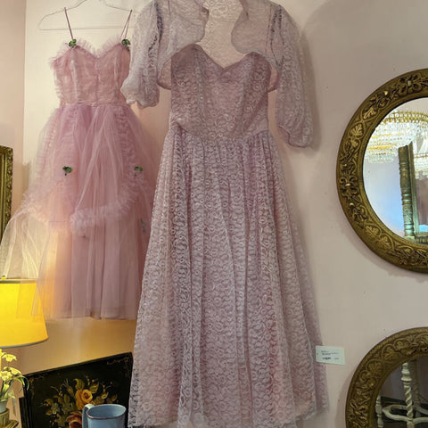 1950s lavender lace prom dress, as found, with jacket