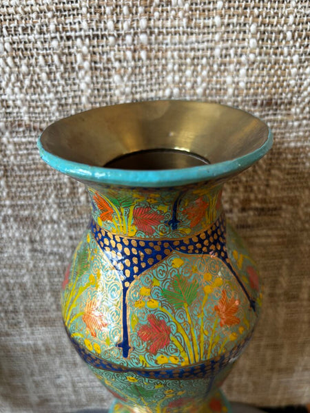 Vintage Paper Mache Vase W/ Brass Rim