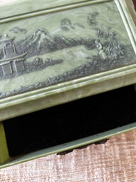 Vintage Faux Green Jade Asian Jewelry Box 3 Drawer Dragon Pulls