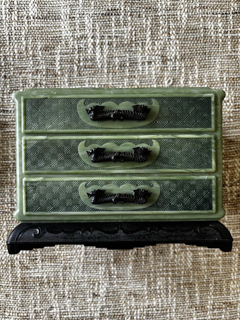 Vintage Faux Green Jade Asian Jewelry Box 3 Drawer Dragon Pulls