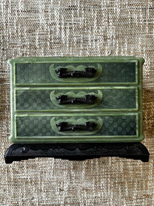 Vintage Faux Green Jade Asian Jewelry Box 3 Drawer Dragon Pulls