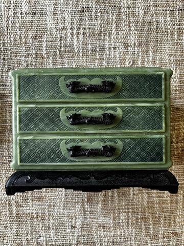 Vintage Faux Green Jade Asian Jewelry Box 3 Drawer Dragon Pulls