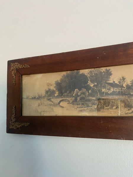 Antique Framed Etching of Rural Countryside by Ernest Christian Roth 15" x 7"